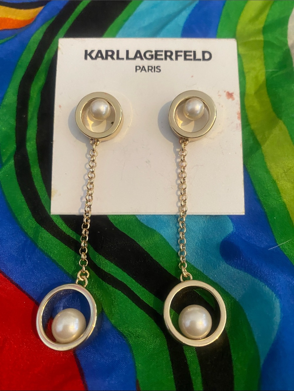 Karl Lagerfeld Gold and White Pearl Chain Drop Earrings